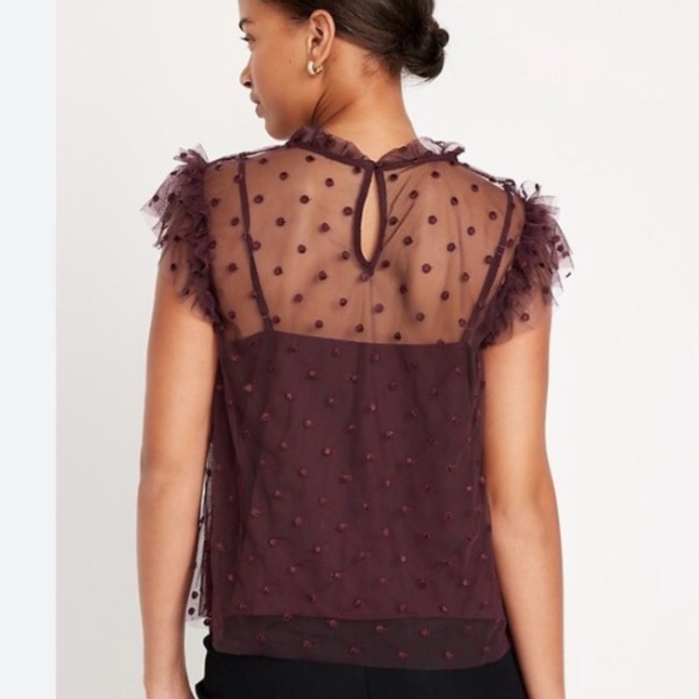 Old Navy Plum Sheer Dot Flutter Sleeve Blouse
